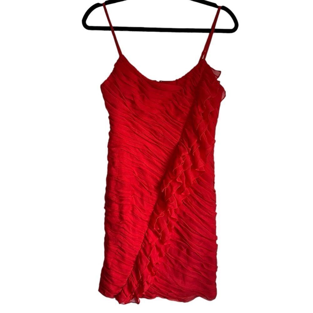Rebecca Taylor Red 100% Silk ruched‎ Ruffle Mini Dress Size 4 bodycon
